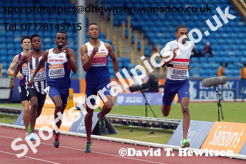 Michael Rimmer (Liverpool Pembroke) outsprints Mukhtar Mohammed (Sheffield RC) 2nd and Andrew Osagie (Harlow) 3rd, 800 metres, 2014 Sainsbury's British Championships. Photo: David T. Hewitson/Sports for All Pics